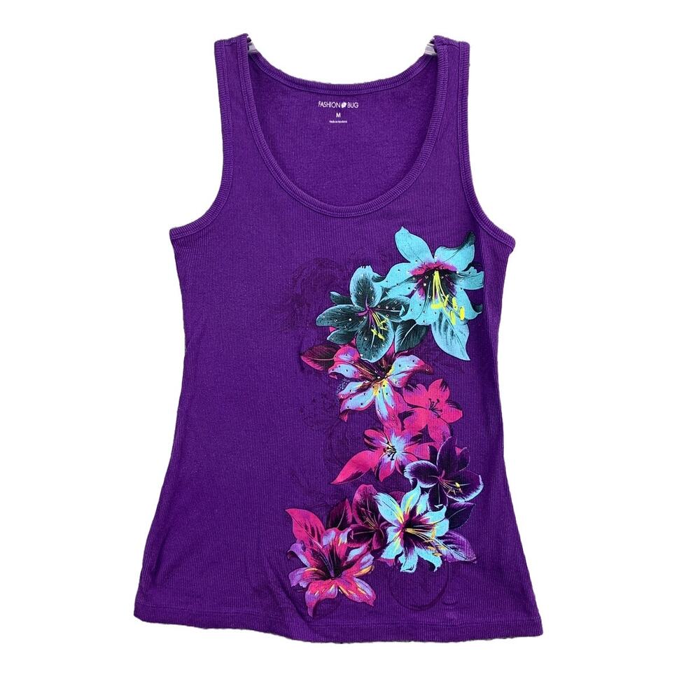 Fashion Bug Women's Size Medium Tank Top Purple Ribbed Floral Print Embellished